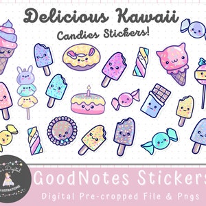 May include: A set of 18 digital stickers featuring cute kawaii candy designs. The stickers include ice cream cones, lollipops, candy bars, and other sweet treats. The stickers are perfect for adding a touch of fun to your digital planner, notes, or other digital projects.