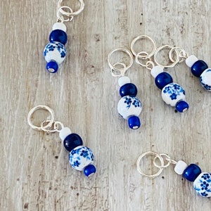 Blue flower stitch marker set, 6 ceramic bead and Czech glass bead markers, choice of fittings