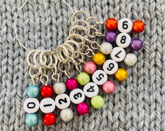 Number stitch markers, set of 10 stitch markers, count your row markers for knitting or crochet, snag free markers, knitting accessory