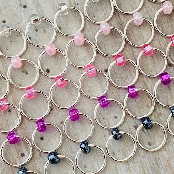 Hawaiian mix O Ring stitch markers for knitting, pink & grey Czech glass beads, easy glide, snag free ringo markers, sets of 10, 20 and 40