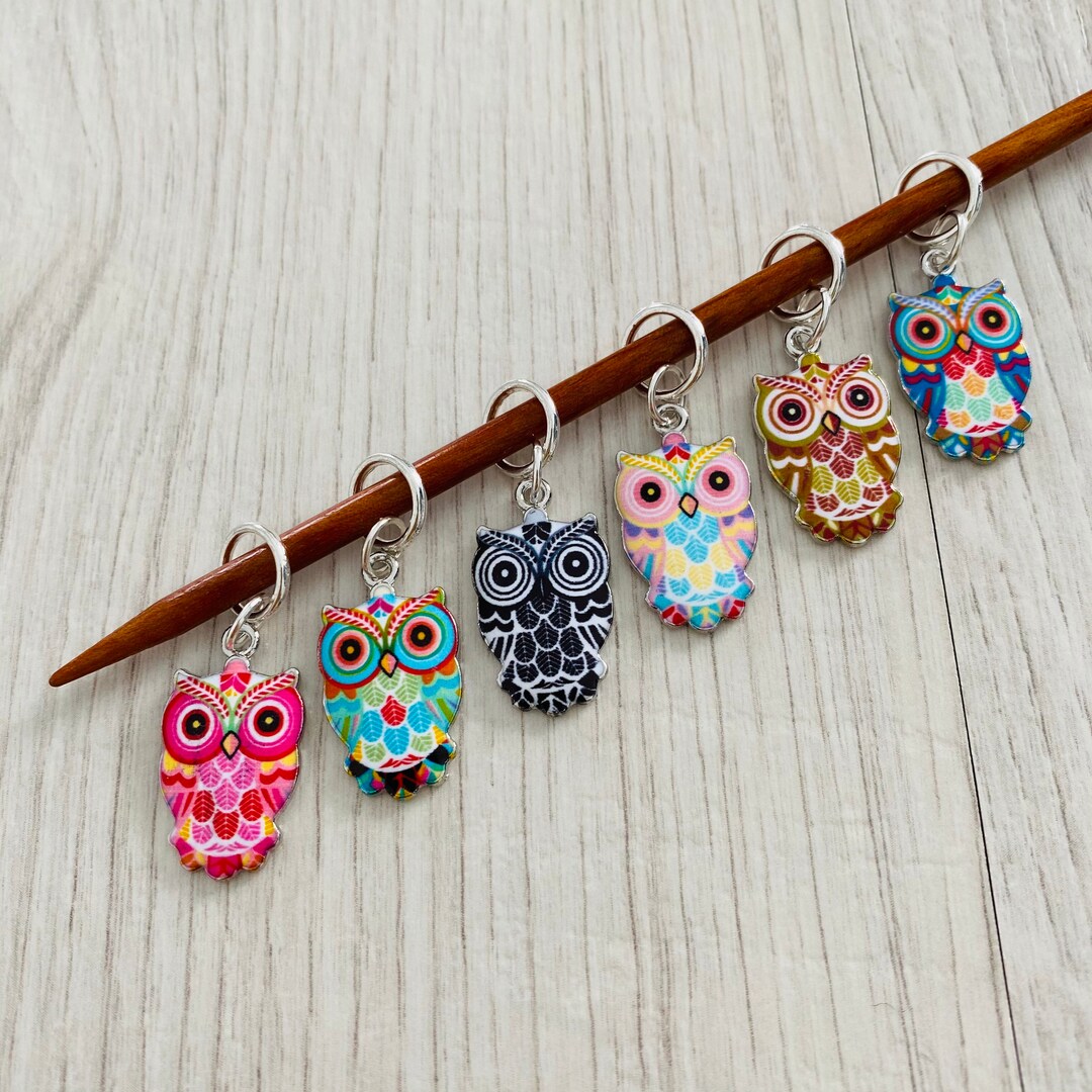 Set of 6 Enamel Owl Stitch Markers, Choice of Ring Style, for Knitting