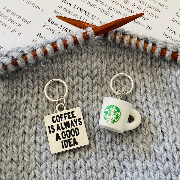 Coffee lovers stitch markers, coffee themed knitting/crochet markers, single marker or set of 2, Starbucks coffee cup, choose fitting style