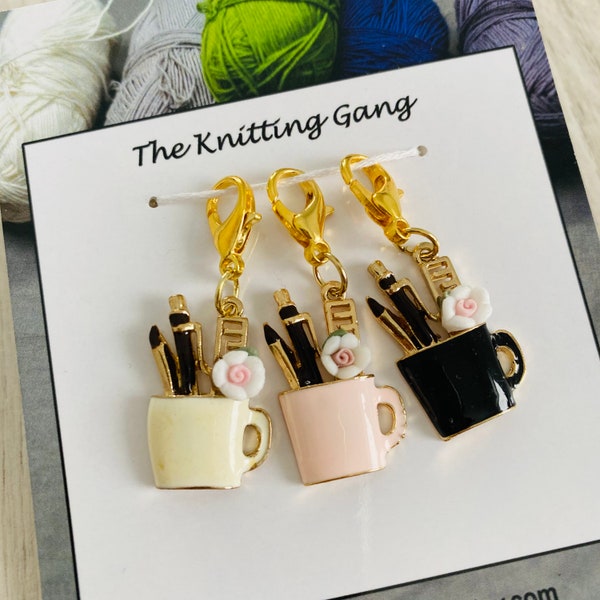 Stationary cup progress markers, choice of 3 or set of 3 enamel stitch markers with lobster clasp, zipper pull, knitting accessories