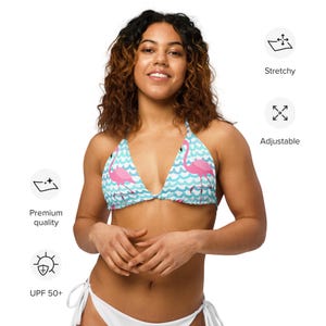 Pink and Blue Flamingo - Bold Retro Vacation Swimwear – Island Beachwear for Summer - All-over print recycled String Bikini Top
