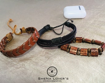 Wristband Leather Bracelet  Adjustable Knot, Braided Bracelet, multi layer,  Antique Brown Leather, Boys Favor, Daddy & Son Bracelet, Unisex