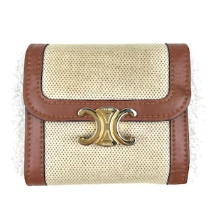 Cartera pequeña Celine Triomphe en tejido y piel de becerro Cartera marrón Logotipo grande Regalos personalizados