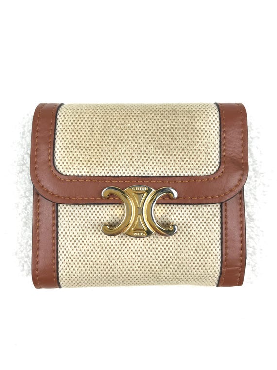 【CELINE】SMALL TRIOMPHE TEXTILE WALLET Celine Small Wallet Triomphe in Textile and Calfskin Brown