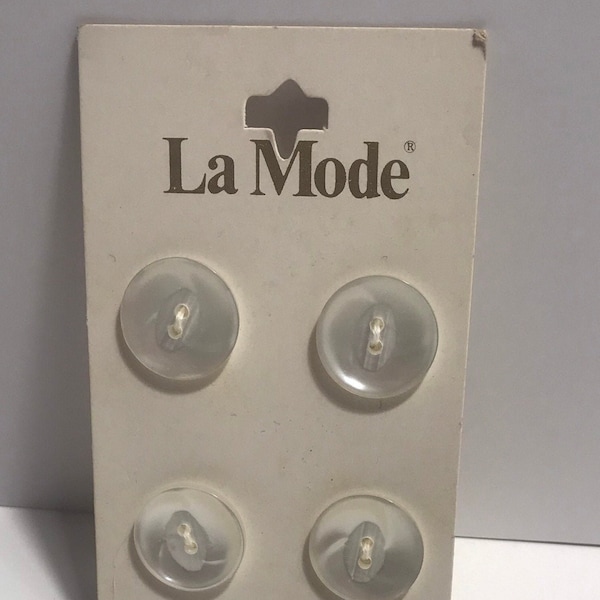 Vintage La Mode Round Translucent White Buttons, Round Shiny White Plastic Buttons with 2 Holes on Card, Set for 4 Small La Mode Buttons