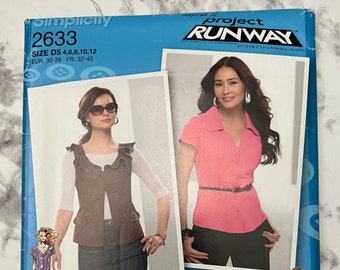 Project Runway Misses Shirt or Vest Pattern with Neckline Variations, Short Sleeve Button Up, Simplicity 2633, Size D5 (4-6-8-10-12), Uncut