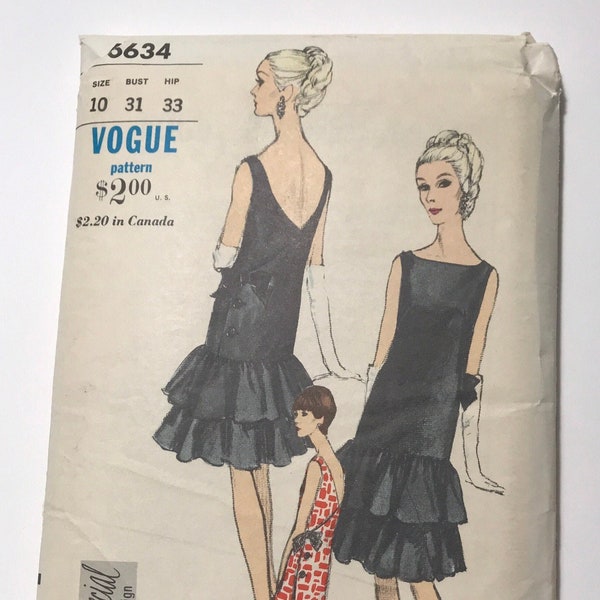 60s Sheath Dress Pattern, Sleeveless Cocktail Dress Pattern with Ruffle Skirt, Formal Wrap Dress, Vogue 6634, Size 10, 31" Bust, Uncut