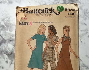 70s Misses and Half Size Dress, Tunic, and Pants Pattern, Short Sleeve Dress, Butterick 6582, Size 14, 36" Bust, 27" Waist, 38" Hip, Uncut