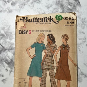 70s Misses and Half Size Dress, Tunic, and Pants Pattern, Short Sleeve Dress, Butterick 6582, Size 14, 36&quot; Bust, 27&quot; Waist, 38&quot; Hip, Uncut