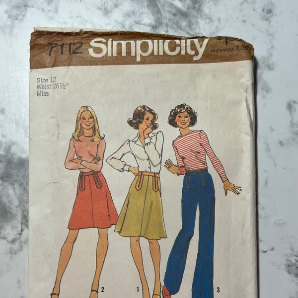 70s Misses Skirt in 2 Lengths and Pants Pattern, Flared A Line Skirt and Trousers Pattern, Simplicity 7112, Size 12, 26.5" Waist, Cut