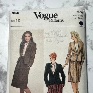 May include: A vintage Vogue sewing pattern for a women's suit. The pattern is for size 12 and includes instructions for a blazer, skirt, and blouse. The pattern is priced at $6.50.