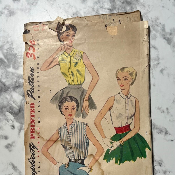50s Simple to Make Misses' Blouse Pattern, Easy Sleeveless Collared Button Down Shirt Pattern, Simplicity 4238, Size 16, 34" Bust, Cut