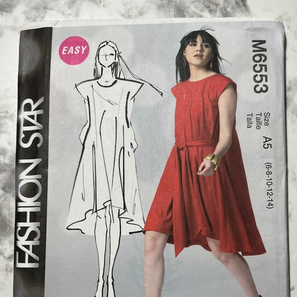 Fashion Star, Easy Misses Dress and Belt Pattern, Loose Fitting Sleeveless Belted Dress w/ High-Low Hem, McCall's M6553, Size A5 6-14, Uncut