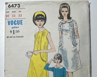 60s One Piece Maternity Dress Pattern, Mod Style Dress Pattern with Optional Collar, Sleeveless Dress, Vogue 6473, Size 10, 31" Bust, Cut