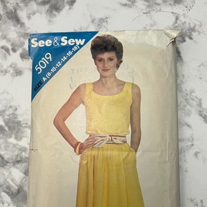 80s Misses Dress and Sash Pattern, Sleeveless Dress w / Tie Belt and Flared Skirt, See & Sew by Butterick 5019, Size A 8-10-12-14-16-18, Cut
