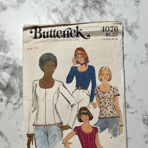 70s Misses Tops Pattern, Long or Short Sleeve Shirt Pattern with Round Neckline, Fitted Blouse,  Butterick 4076, Size 12, 34&quot; Bust, Uncut