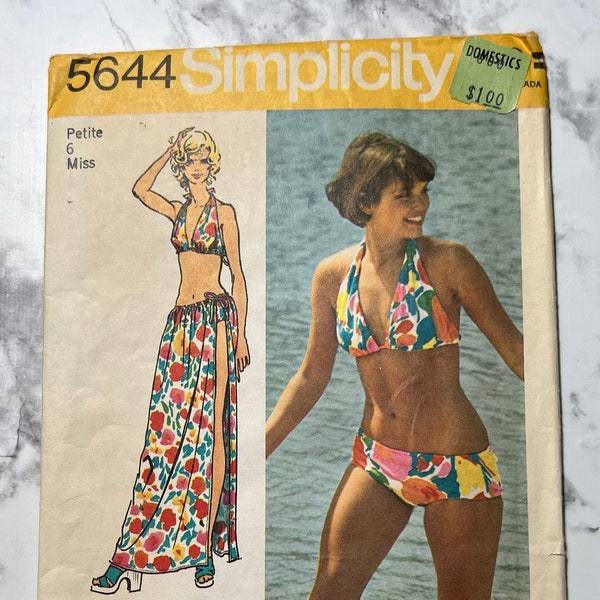 70s Misses Super Jiffy Bikini and Wrap And Tie Skirt Pattern, Simple to Sew Two Piece Swimsuit and Cover Up, Simplicity 5644, Size 6, Cut