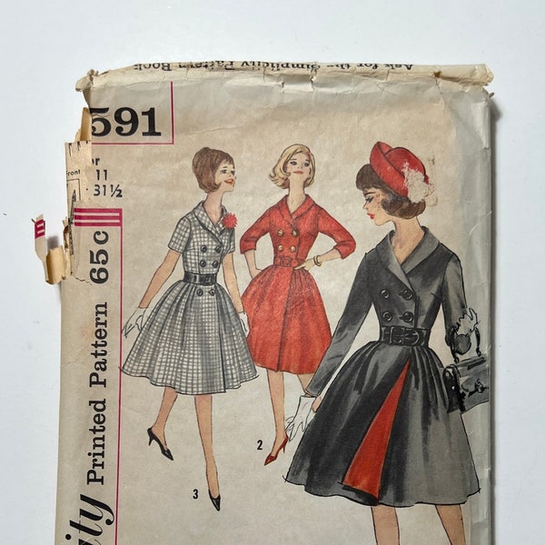 60s Juniors One Piece Coat Dress Pattern, Collared Double Breasted Dress with Full Skirt, Simplicity 4591, Size 11 Junior, 31.5" Bust, Cut
