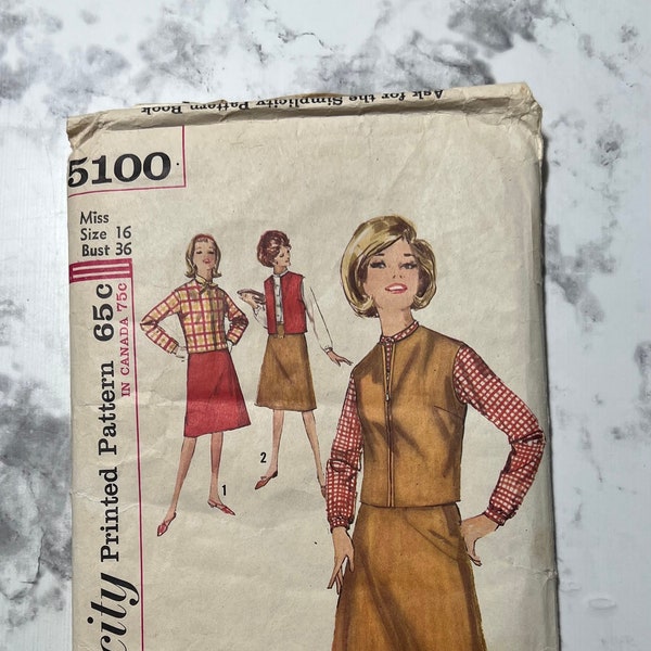 60s Misses Skirt and Jacket Pattern, MISSING BLOUSE PIECES, A Line Skirt and Collarless Jacket, Simplicity 5100, Size 16, 36" Bust, Cut