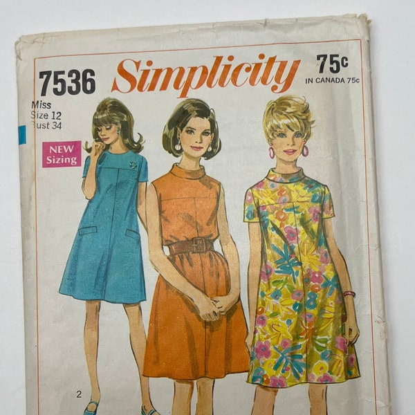 60s Misses "Tent" Dress Pattern, Short Sleeve or Sleeveless Dress Pattern, Loose Fitting Dress, Simplicity 7536, Size 12, 34" Bust, Cut