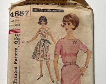 60s Echa de menos el patrón de vestido de una pieza con 2 faldas, vestido sin mangas o de manga corta con falda recta o acampanada, simplicidad 4887, talla 20, corte