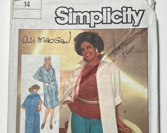 80s Ali McGraw Pants, Top, and Oversized Shirt Pattern, Collared Shirt Dress, Simplicity 6846, Size 14, 36" Bust, 28" Waist, 38" Hip, Uncut