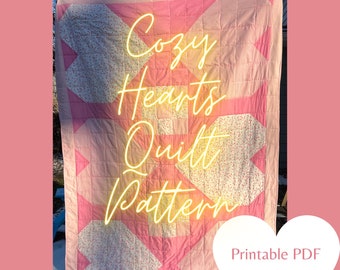 Beginner Quilt Pattern, "Cozy Hearts" Quilt Pattern, Valentine's Day Quilt Pattern, Easy Lap Size Quilt Pattern, Patchwork Quilt Pattern