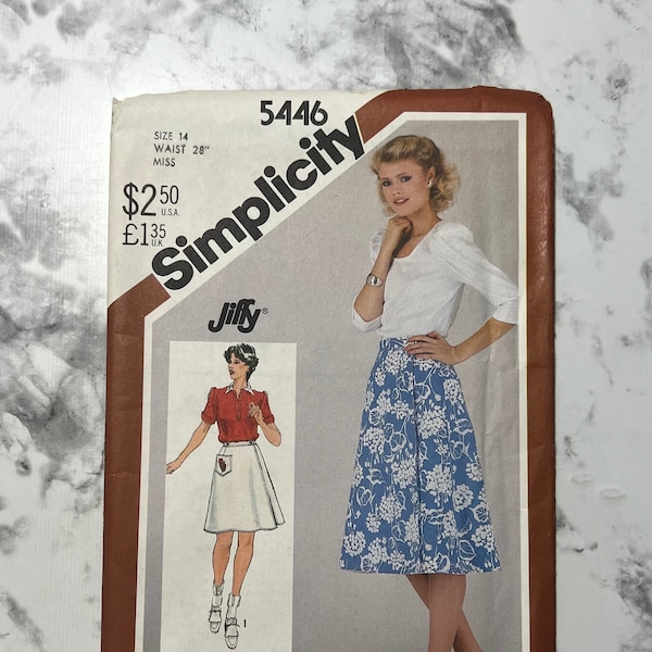 80s Misses Jiffy Reversible Skirt Pattern in 2 Lengths, High Waisted Mini or Knee Length Skirt Pattern, Simplicity 5446, Size 14, Uncut