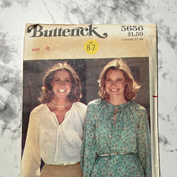 70s Long Sleeve Blouse Pattern, Peasant Top with Gathered Neck, Womens Loose Fitting Shirt with Raglan Sleeve, Butterick 5656, Size 8, Cut