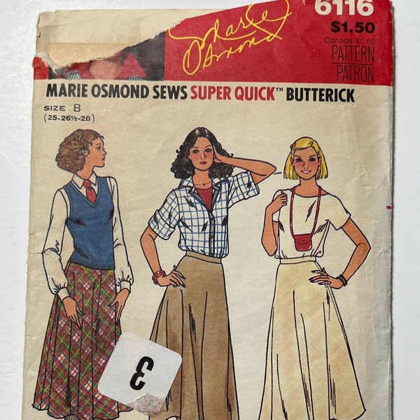 70s Marie Osmond Sews Super Quick Misses Skirt Pattern, Midi Length Flared Bias Skirt Pattern, Butterick 6116, Size B, 25"-26.5" Waist, Cut
