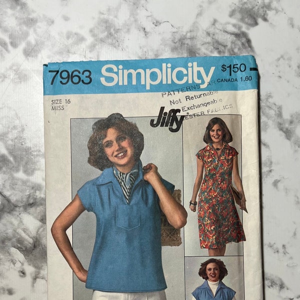 70s Misses Jiffy Pullover Top and Skirt Pattern, Short Sleeve Shirt and Skirt Pattern, Simplicity 7963, Size 16, 38" Bust, 30" Waist, Cut