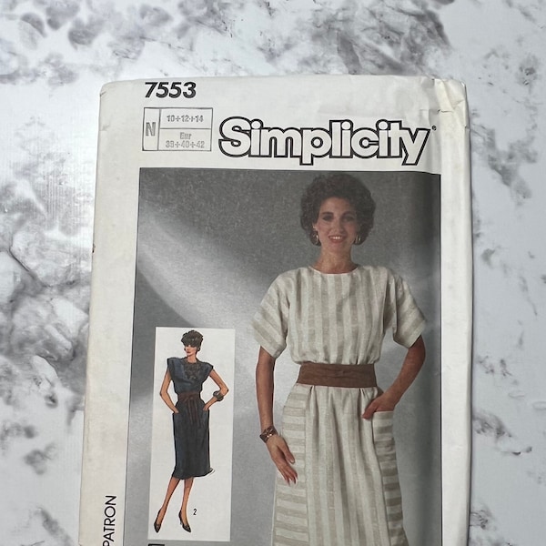 80s Easy to Sew Misses Pullover Dress and Obi Sash Pattern, Dress with Pockets, Simplicity 7553, Size N 10-12-14, 32.5"-34"-36" Bust, Uncut