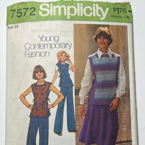 May include: Simplicity sewing pattern number 7572 for a young contemporary fashion design. The pattern includes two different looks: a skirt and vest, and trousers and a vest. The pattern is for size 14.