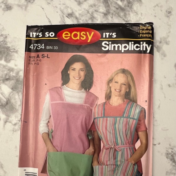 Early 2000s Easy Misses Aprons Pattern, Simple to Sew Square Neck Smock Apron Pattern with Pockets, Simplicity 4734, Size A S-L, Uncut