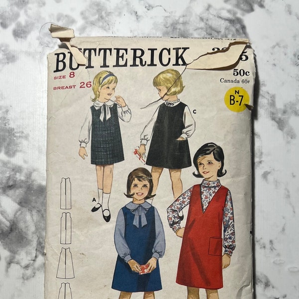 60s Girl's Jumpers Pattern, Sleeveless Kid's Mini Shift Dress Pattern with Round Neckline, Butterick 3235, Size 8, 26" Breast, Cut