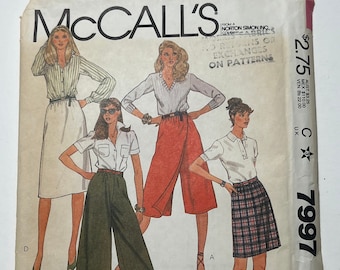 80s Culottes and Skirts Pattern, Skirt Pattern in 2 Lengths, Faux Wrap Culottes Pattern, McCall&#39;s 7997, Sizes 8-10-12 OR 12-14-16, Uncut
