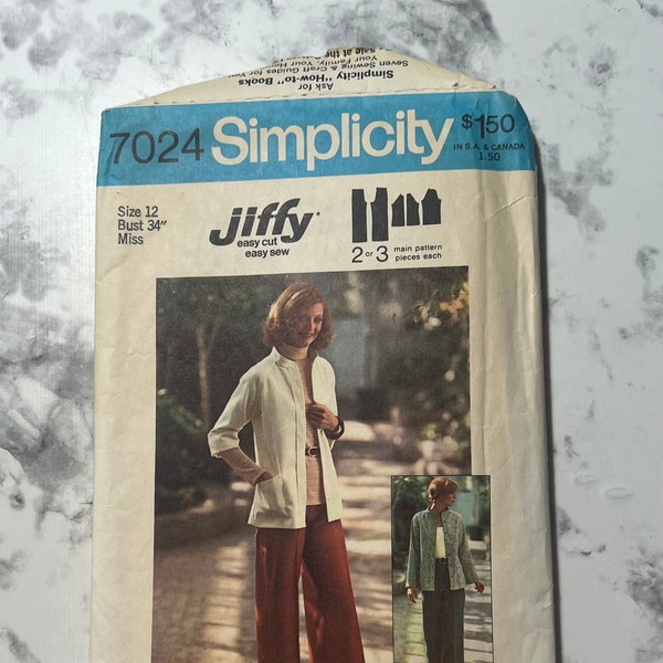 70s Misses Jiffy Unlined Jacket and Pants Pattern, Easy Jacket and Wide Leg Trousers Pattern, Simplicity 7024, Size 12, 34" Bust, Cut