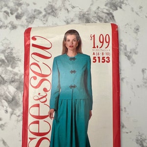 90s Easy Misses Jacket, Top, and Skirt Pattern, Collarless Blazer and Skirt, Skirt Suit, See & Sew by Butterick 5153, Size 6-8-10, Uncut