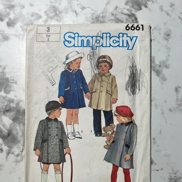 80s Child's Single Breasted and Double Breasted Lined Coat Pattern, Toddler's Button Front Peacoat Pattern, Simplicity 6661, Size 3T, Uncut