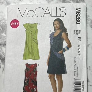 Easy Misses Dresses Pattern, Sleeveless A Line Dress with Asymmetrical Front Detail and Pocket, McCall's M6280, Size BB 8-10-12-14, Uncut