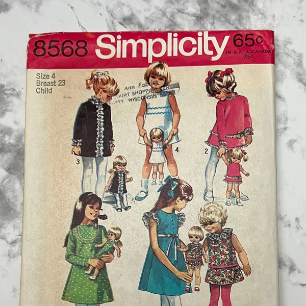 60s Childs and Girls Dress Pattern and Doll's Dress Pattern (Suitable for 18" Toddler Doll), Simplicity 8568, Size 4 (23" Breast), Cut