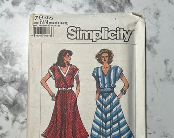 80s Misses Jiffy Dress Pattern, Easy to Sew Short Sleeve Midi Length Dress with Pockets, Simplicity 7945, Size NN 10-12-14-16, Uncut