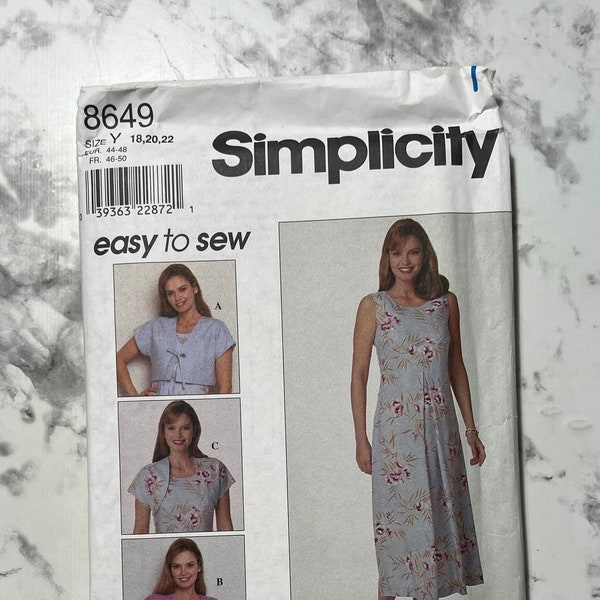 90s Easy to Sew Misses Jacket and Dress Pattern, Sleeveless Dress and Short Sleeve Shrug Pattern, Simplicity 8649, Size Y 18-20-22, Uncut