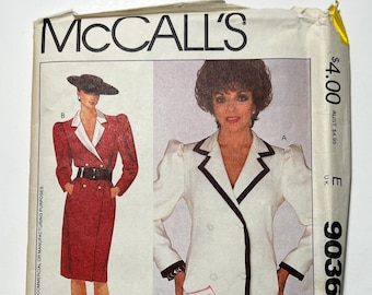 80s Joan Collins Misses Coat Dress or Top Pattern, Long Sleeve Dress with Belt, McCall&#39;s 9036, Size 8 (24&quot; Waist) or 12 (26.5&quot; Waist), Uncut