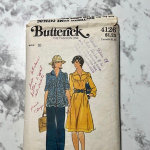 70s Misses Dress, Top, and Pants Pattern, Button Front Dress or Blouse, Butterick 4126, Size 10, 32.5&quot; Bust, 25&quot; Waist, 34.5&quot; Hip, Cut