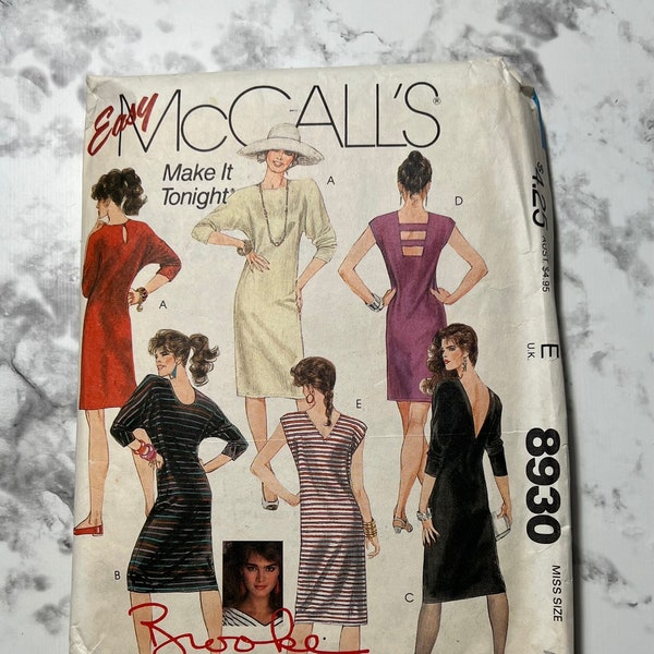 80s Easy Make it Tonight Misses Dresses Pattern for Stretch Knits Only, Brooke Shields, McCall's 8930, Size Medium 14-16, 36"-38" Bust, Cut