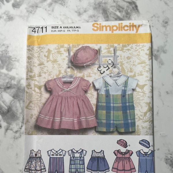 Early 2000s Babies Dress, Romper, and Hat Pattern, Hat in 3 Sizes, S (17") M(18") L (19"), Simplicity 4711, Size A XXS, XS, S, M, L, Uncut